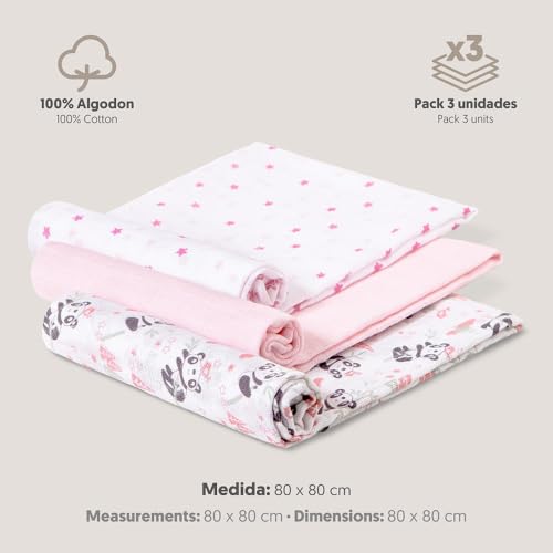 Interbaby Babytücher aus Baumwolle, 80 x 80 cm, Packung mit 3 Mullwindeln für Neugeborene, Stillen, Handtuch, Decke, bequem, weich, atmungsaktiv, Fallschirmspringer-Design, Rosa