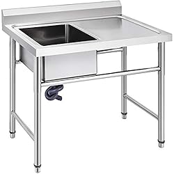 BuoQua Fregadero Comercial de Acero Inoxidable para Fregadero de Cocina, 1 Compartimientos de Tamaño Total 100 x 61 x 95 cm Plata, Hecho a Mano Con Plataforma Derecha para Fregadero de Barra Inferior