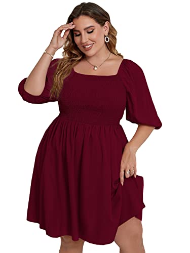 Wdirara Women's Plus Size Puff Sleeve Square Neck Shirred High Waist Ruffle Hem A Line Short Dress Burgundy 2Xl #TOP16