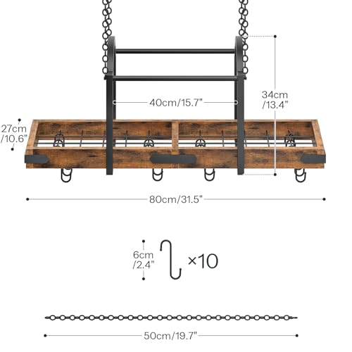 HOOBRO 80cm Hanging Pot Rack - Space-Saving Metal Hanger with 10 Detachable S Hooks for Pot and Pan Storage, Rustic Brown and Black EBF80TL01 - Image 7