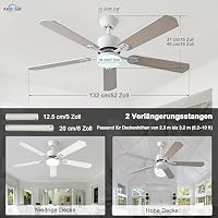 AHRHSM Deckenventilator mit Beleuchtung 132 cm, Leise DC-Motor, 5 Holzflügel, LED Lampe mit Ventilator und Fernbedienung, 3 Farbtemperaturen, 6 Stufen, Sommer/Winterbetrieb für Wohnzimmer, Weiß – Ansicht 6