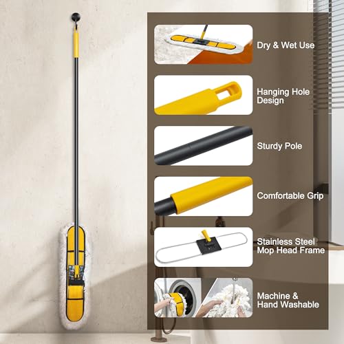 NEWE 24” Commercial Dust Mop, Large Dry Dust Push Broom Indoor, Wide Floor Duster for Laminate, with 2 pcs Microfiber Pads, Hardwood, Tile, Marble (Yellow) by NEWE - Used condition - Image 8