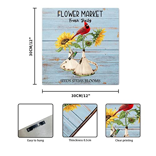 Panneau en bois rétro avec oiseau cardinal et fleurs d'automne - 4