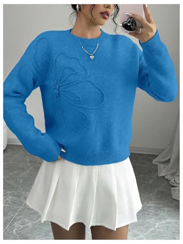 Image of RoseSeek Women's 3D Floral Appliques Crewneck Sweaters Long Sleeve Drop Shoulder Pullovers Elegant Knit Tops