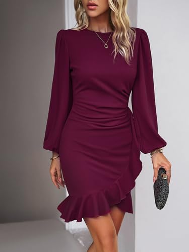Image of Spicy Sandia Women Ruched Bodycon Cocktail Formal Mini Dress Elegant Ruffled Lantern Sleeve Business Work Banquet Tulip Dress