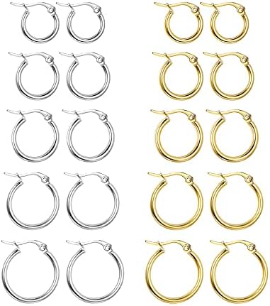 Senteria 10 Pairs Small Hoop Earrings for Women Stainless Steel 14K Gold Silver Black Plated Hypoallergenic Hoop Earrings Huggie Endless Hoop Earrings Set for Men 8/10/12/14/16mm