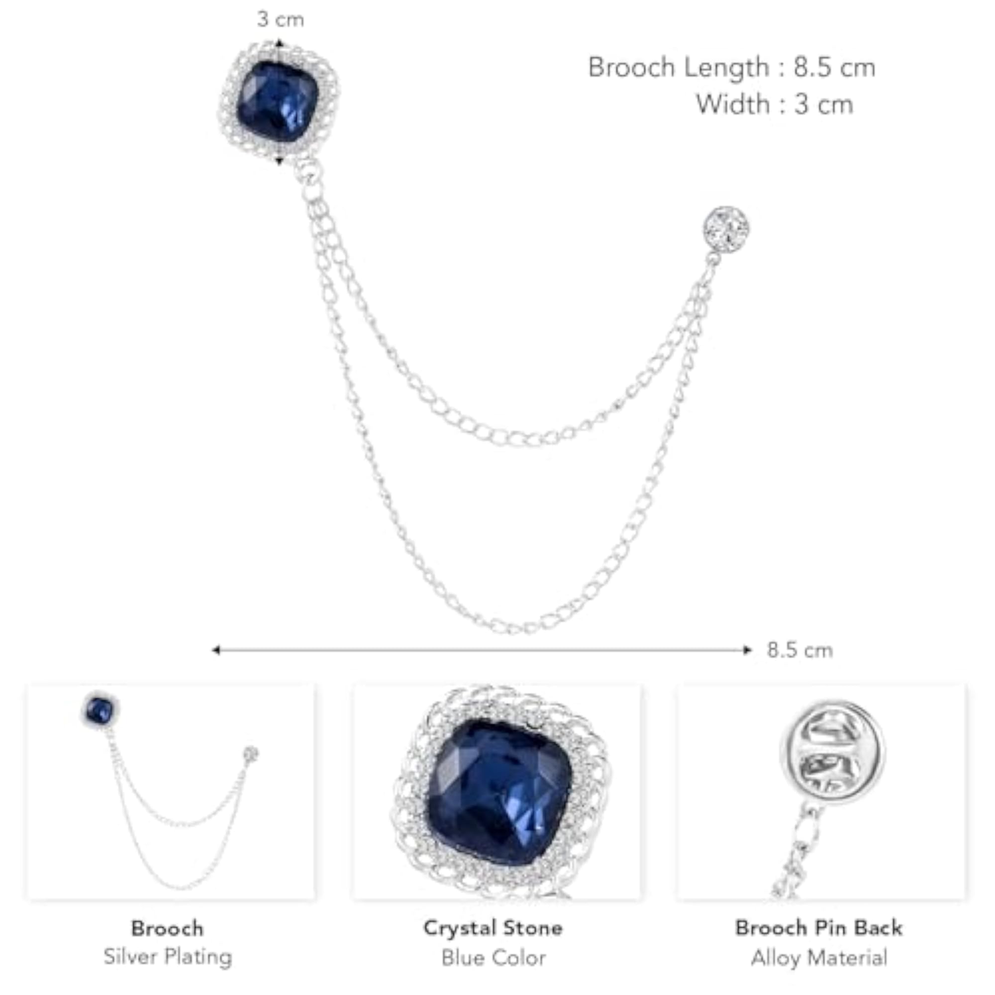 Men's Silver Plated Blue Crystal Double Chain Brooch