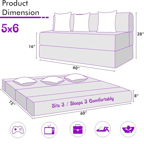 Image of Rosebell Sofa Cum Bed Three Seater, Foldable Sofa Bed 5 X 6 Feet, Jute Fabric- Washable Cover- Including Two Cushion Perfect for Home & Office - Blue