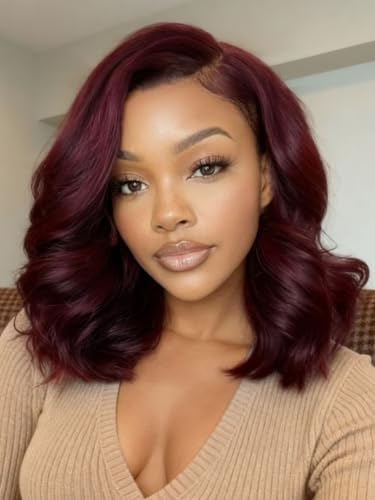 Image of Beauty Forever Black Cherry Glueless Bob Wig Human Hair, HD Lace Body Wave Bob with Face Framing Bangs, Pre Cut Pre Plucked Wear and Go Wig, Natural Blowout Look 14inch