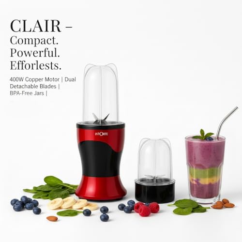 Image of LA' FORTE CLAIR 400W Compact Personal Blender | 2 Jars (300ml & 500ml) | 2 Blades (Dry & Wet) | BPA-Free | Twist & Start | for Smoothies, Chutneys, Masalas & Shakes | 1 Year Warranty