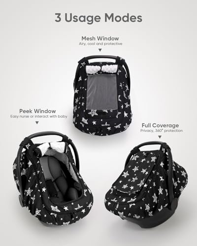 Image of Car Seat Cover for Baby, with Mesh and Zipper, Black Star | 2 Layers, Available In Winter And Summer, Windproof, 4 usage modes, Easy Access Carseat Covers Snug Fit Baby Stroller