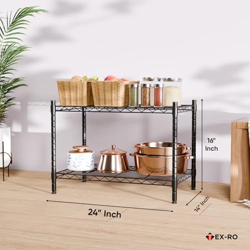 Image of TEX-RO Metal Rack for Kitchen Storage - Adjustable Iron Shelf with Wheels | Heavy Duty Steel Stand for Storage Multipurpose | 2 Tier Organiser Rack for Office, Bedroom (24X14X16 Inch)