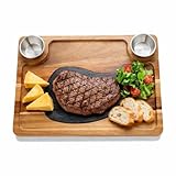 HALE OTEIR Bandeja de madera de acacia con placa de pizarra, tabla de servir de madera con 2 cuencos para salsas, tabla de queso rústica, tabla de carne, parrilla y tabla de sushi para carne, queso