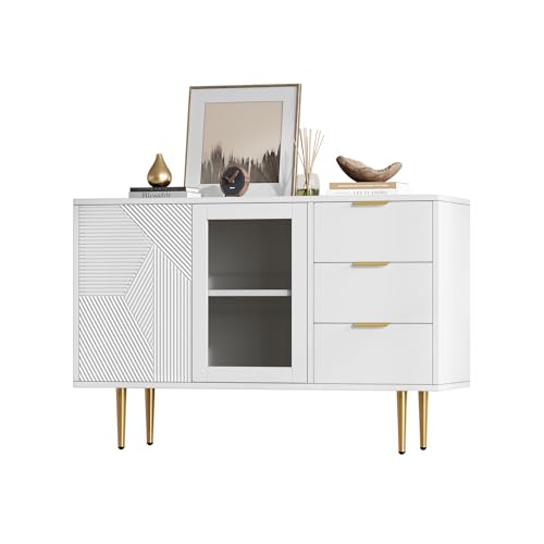 LARFOEK Cómoda blanca con 3 cajones y 2 puertas, cómoda con cajones, patas de metal y puertas de cristal, para dormitorio, salón, habitación infantil, 120 x 38 x 79,5 cm