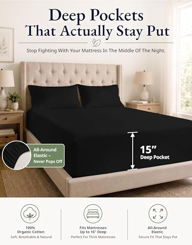 Image of LANE LINEN 100% Organic Cotton Fitted Sheet Queen (+Pillowcases) 3-Piece Set Soft & Comfy Hotel Style Percale Weave Sustainably Produced Queen Size Fitted Sheet only 15 inch Deep - Black Sheet