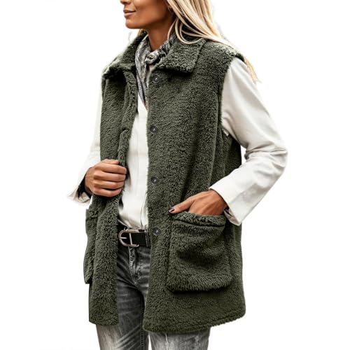 Womens Sherpa Fleece Vest Collared Button Front Pockets Casual Fall Layer - image 1