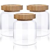 Set of 3 Airtight Glass Jars with Bamboo Lids, Clear Food Storage Container Jar, 16-Oz Borosilica...