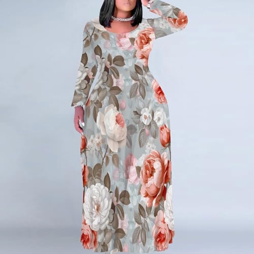Image of PinkPatty Plus Size Maxi Dresses for Women Long Sleeve Crew Neck Casual Fall Dress with Pockets