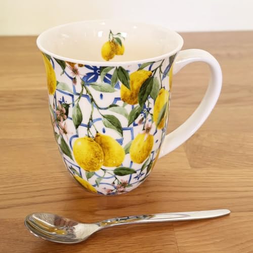 Tasse 10cm Porzellan mit Zitronen Motiv - 0,4L Keramiktasse Porzellangeschirr - Kaffeetasse Teetasse Kakaotasse - Sommergeschirr Tassen & Becher - Porzellantasse mediterran Gelb Weiß
