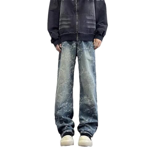 Men Vintage Straight-Leg Slim Fit Jeans Harajuku Printed Jeans Hip Hop Streetwear Baggy Denim Trousers