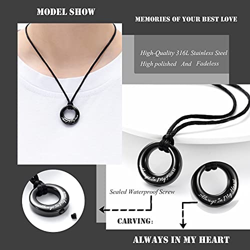 Hearbeingt Cremation Jewelry Urn Necklace for Ashes for Women Men, Circle of Life Eternity Memorial Pendant Ash Jewelry, Black-Always in My Heart