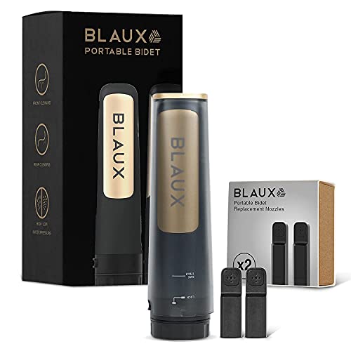 BLAUX Electric Portable Bidet Bundle - Rechargeable Travel Bidet with 2 Pressure Options | Handheld Bidet Sprayer for Toilet with 170ml Water Reservoir | Includes 2 Personal Bidet Replacement Nozzles