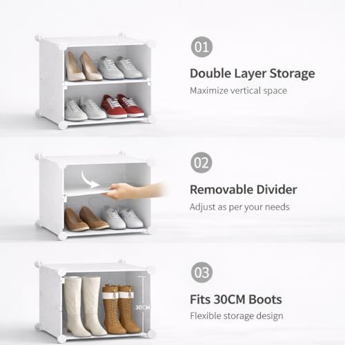 Image of DecorTwist Modular Plastic Storage Cabinet with Doors | DIY Shoe Rack & Multipurpose Organizer for Home | Available in Plain & Patterned Panels (White - Patterned, Double Door | 4 Shelves)