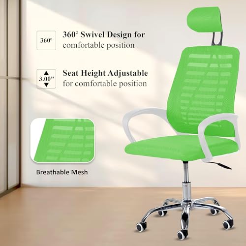 Image of Casa Copenhagen,Mesh Office Desk,Rocking, Ergonomic Computer Chair Adjustable High with Headrest and Comfortable Armrest Swivel Chair - Leaf Green & White Handle