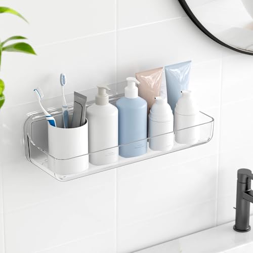 TZAMLI Shower Caddy Bathroom Shelves, No Drilling Self Adhesive Shelf Plastic Clear Shower Organizer, Wall Mounted Rack Inside Shelves for Bathroom Kitchen Storage