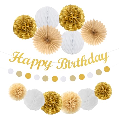 Image of White-Gold Champagne Birthday Party-Decorations Paper-Flowers - 14pcs Happy Banner Engagement Honeycomb Tissue Pom Poms,Women Streamers Garland Beige Fans,21st 18th Girl Hanging Supplies Decor Hugfond