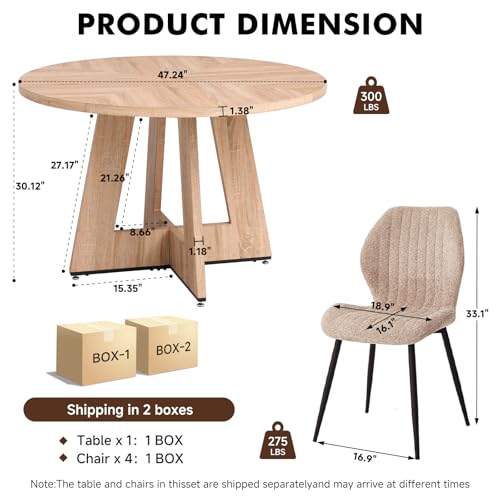 Image of 47 inch Round Dining Table Set for 4, Kitchen Table and Chairs | Wooden Cross Base, Boucle Fabric Chair, for Apartment