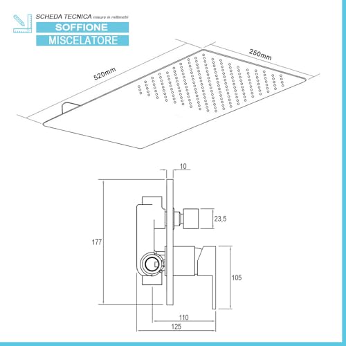 Set Doccia Incasso Nero Opaco, Miscelatore Kubo Con Deviatore, Soffione Inox Slim A Muro 25X52 E Kit Doccia Completo - 2