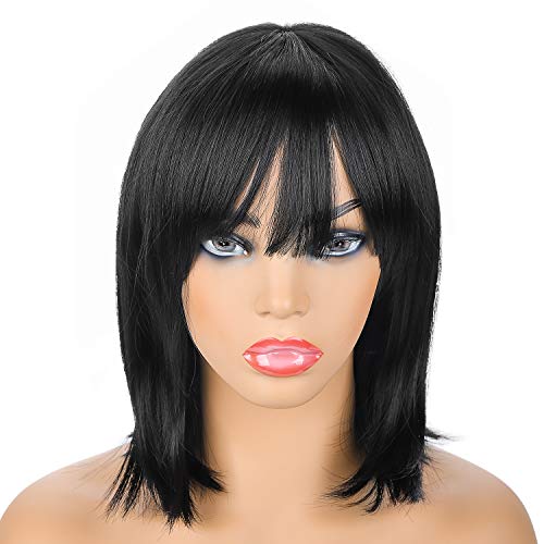 12 inch Short Straight Black Bob Wigs with Flat Bangs Cosplay, Daily Party Wig for Women Natural As Real Hair with a Free Wig Cap, Black