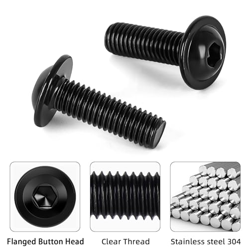 Image of M8-1.25 x 25mm 20 PCS Flanged Button Head Socket Cap Bolts Screws, Stainless Steel 304, Allen Socket Drive, Screwdriver Bit Included, Black Finish, Fully Machine Thread