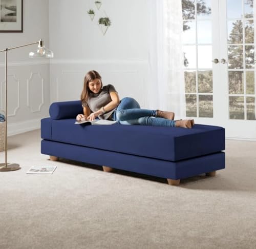 Image of SOUL CRAFT Modern Modular Daybed /Fold-Out Sleeper, Beige, Velvet Fabric, Converts to 2 Single Beds or 1 Queen Bed, with Mattress 203 cm x 74 cm(6.66 ft x 2.43 ft)(Navy)