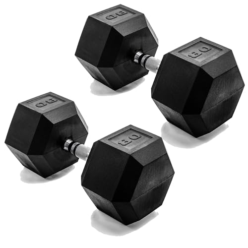 CAP 80 LB Rubber Coated Hex Dumbbell Weight Rubber Free Weights for Home Gym Strength Training Chrome Handle Pair