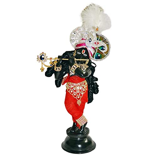 Image of HC- Astadhatu Made Single Krishna in Black Colour with Complete Sringar Including 3 Set of Dresses, Crown, Flute, Neckless, Bangle, Wig Charan Paduka etc. (32 cm)