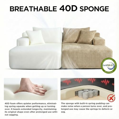 Image of Sytopia Loveseat Chaise Lounge with Armrests, Oversized Sofa Bed with 4 Pillows, Cozy Boneless Sleeper, Modular Sectional Couch for Living Room Bedroom, Floor Chair Furniture sala Corduroy