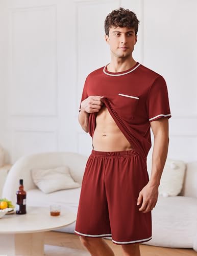 Image of Ekouaer Men's Pajamas Set Casual Short Sleeve Shirts and Shorts Soft 2 Piece Loungewear With Pockets