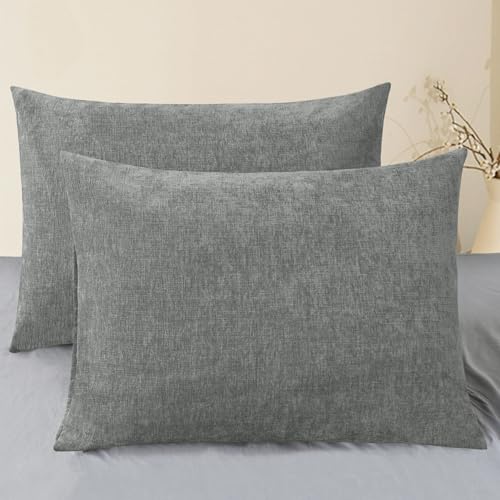 Image of CaliTime Pack of 2 Cozy Standard Pillow Shams Cases for Bed Bedding Decoration Solid Dyed Soft Chenille 20 X 26 Inches Medium Grey