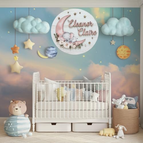 Personalized Wooden Name Signs for Nursery, Moon Elephant Sign for Baby Door Decor, Newborn Gifts for Girl, Girls Nursery Wall Bedroom Decorations, Mother's Day Gifts for New Mom Dad Gift