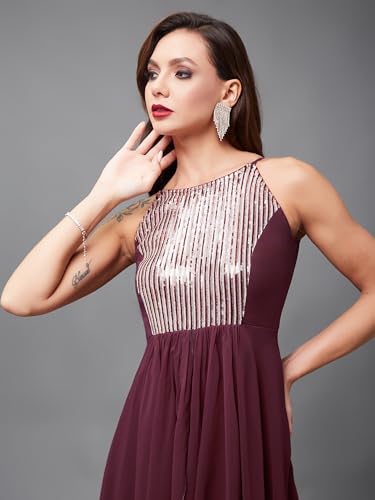 Image of Miss Chase Women's Round Neck Sleeve Embellished Fit Flare Maxi Dress