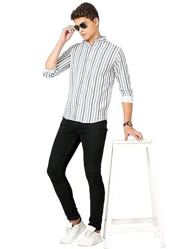 Image of IndoPrimo Men's Cotton Shirt with Spread Collar Neck Line Striped Pattern Full Sleeves Regular Fit Western Style and Standard Length