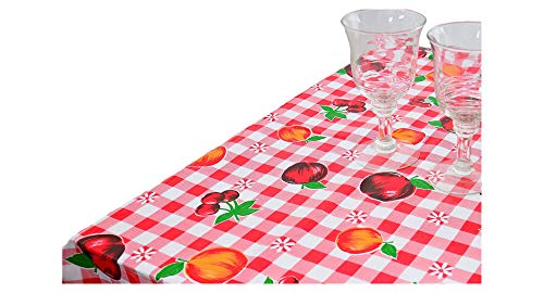 Alux - Waterproof Oilcloth Table Cloth - Wipeable Tablecloths For Picnic - Non-Fading Plastic Table Cover With Better Than Flannel Backing - Gingham And Fruits Red (55X90In Rectangle) #TOP5
