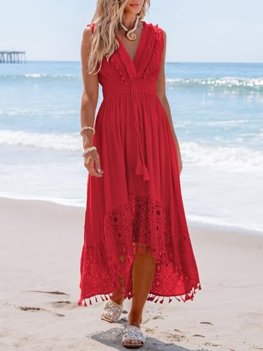 Image of CUPSHE Women's Maxi Dress V Neck Sleeveless Lace Tassel Smocked Waist Cover Up Beach Formal Long Dress