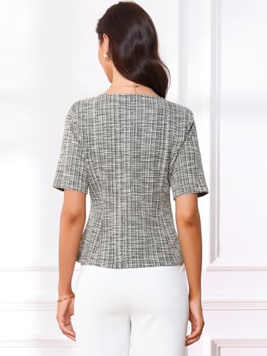 Allegra K Tweed Top for Women's Round Neck Short Sleeve Pullover Work Office Blouse3
