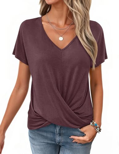 WNEEDU Tshirt Damen Sommer-V Ausschnitt Kurzarm T-Shirt Damen Elegant Twist Front Oberteile Bluse Basic Top lässige