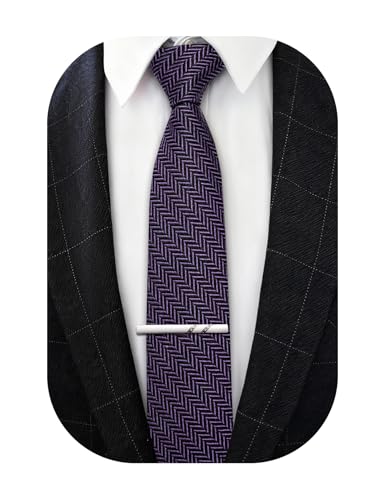 Image of Barry.Wang Skinny Ties for Men Wool Blend Herringbone Necktie with Tie Clip | Tie and Tie Clip Set, Cashmere Wool Stripe, 2.76 x 63 Inches, Extra Long Slim, Wedding Work Party Classic