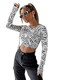 SweatyRocks Women's Color Block Zebra Print Striped Long Sleeve Crop Tee Top T Shirt Black and White XL