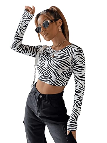 SweatyRocks Women's Color Block Zebra Print Striped Long Sleeve Crop Tee Top T Shirt Black and White XL